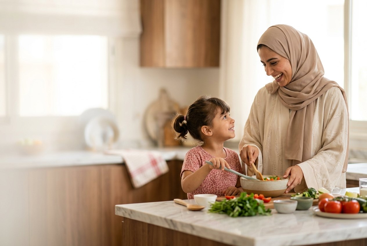 A mother and her daughter preparing a salad together in a bright kitchen